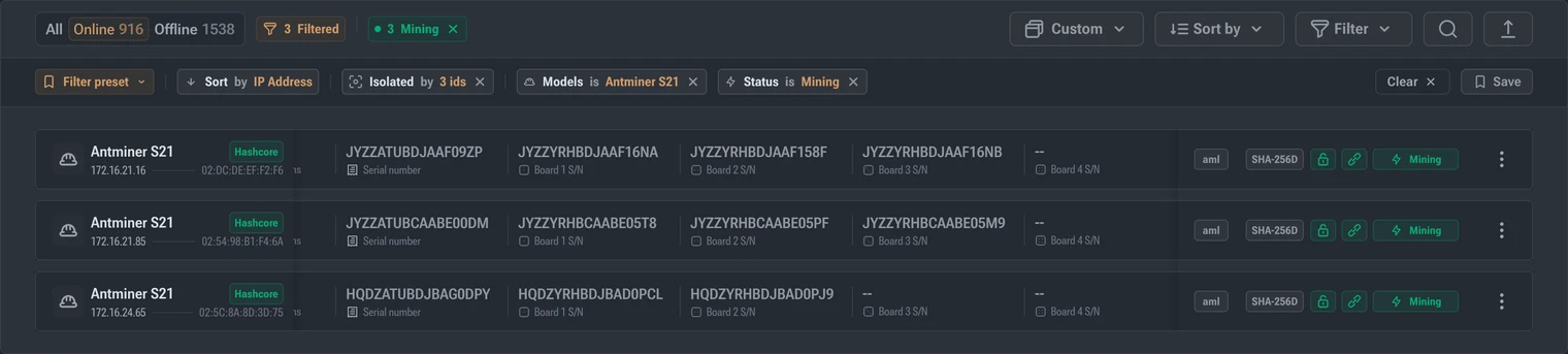 Serial numbers and filter presets in table